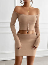 Devine Decorative Button Off-Shoulder Top and Skirt Set Tan OutfitFlow